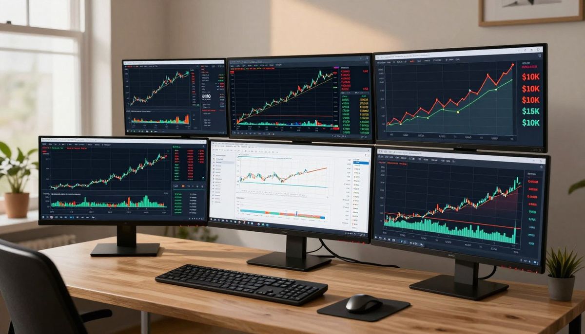 Trader analyzing funded prop account scaling strategies on multiple monitors with growth charts
